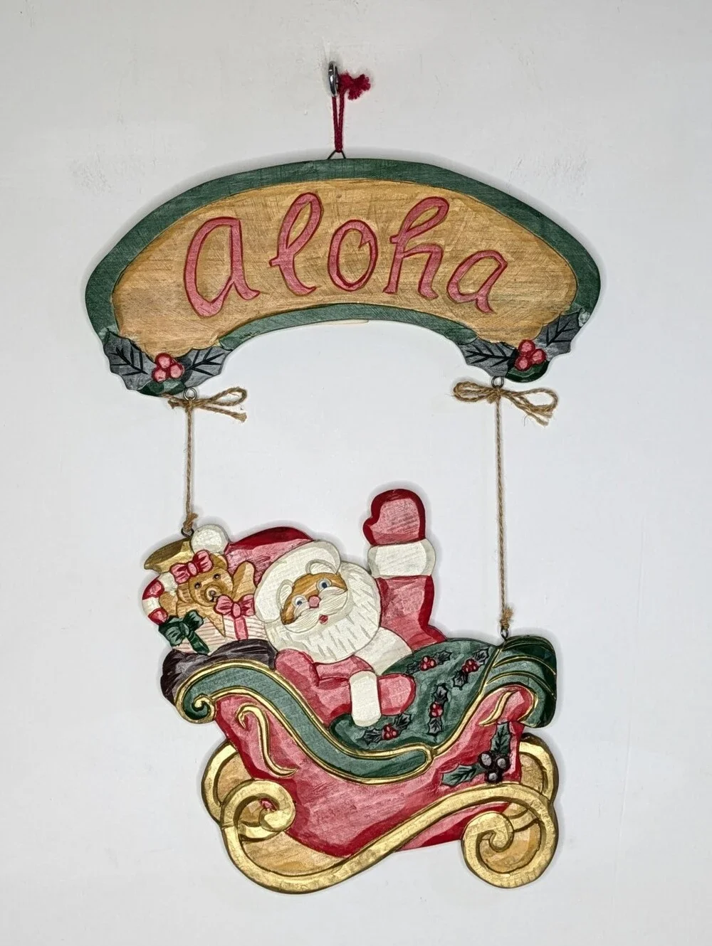 Vintage Wooden Red Green Tan Christmas Holiday Aloha Santa Door Welcome Sign